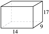 A cuboid shown in 3D perspective with dimensions: length 14, width 9, and height 17. Hidden edges are indicated by dashed lines.
