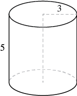 A simple black and white line drawing of a cylinder with its dimensions labeled: a radius of 3 units and a height of 5 units.