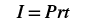 The simple interest formula I=Prt is displayed in black text on a white background. 'I' represents interest, 'P' is the principal amount, 'r' is the annual interest rate, and 't' is the time in years.