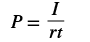 A mathematical formula displaying P = I / (rt). This equation relates a principal amount (P) to interest (I), rate (r), and time (t), often seen in financial or physics contexts.