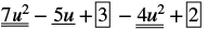 An algebraic expression: 7u^2 - 5u + [3] - 4u^2 + [2]. Terms 7u^2 and 4u^2 are double-underlined, 5u is single-underlined, and 3 and 2 are boxed.