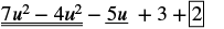 A mathematical expression is displayed, showing '7u^2 - 4u^2 - 5u + 3 + 2'. The terms '7u^2' and '4u^2' are double-underlined, '5u' is single-underlined, and the final number '2' is enclosed in a box.