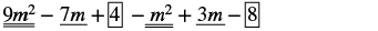 An algebraic expression is displayed: 9m^2 - 7m + [4 - m^2 + 3m - 8]. Some terms are underlined with single or double lines, and constants 4 and 8 are enclosed in square boxes.