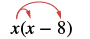 Red arrows indicate the distributive property for the expression x(x - 8), showing that the outer 'x' multiplies each term within the parentheses.