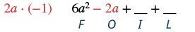 This image presents a math exercise on the FOIL method, displaying the First (6a^2) and Outer (-2a) terms of a binomial product. Blanks are provided for the Inner and Last terms, accompanied by a hint: 2a * (-1).