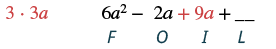 Image showing an algebraic expression 6a^2 - 2a + 9a + __ with F, O, I, L labels below, illustrating the FOIL method for multiplying binomials. A separate term '3 * 3a' is also visible.
