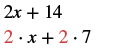 A mathematical expression showing the process of factoring out a common number. The first line is 2x + 14, and the second line breaks down 14 into 2 * 7, highlighting the common factor of 2 in red as 2 * x + 2 * 7.