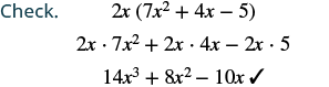 Algebraic check using the distributive property: 2x(7x^2 + 4x - 5) = 2x*7x^2 + 2x*4x - 2x*5 = 14x^3 + 8x^2 - 10x, confirmed with a checkmark.