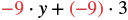 The image shows the mathematical expression -9 * y + (-9) * 3, which demonstrates the distributive property in an algebraic context. The number -9 is a common factor in both terms of the expression.