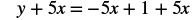 The image shows the algebraic equation y + 5x = -5x + 1 + 5x.