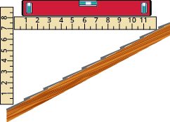 The figure shows a diagonal side-view slice of a pitched roof. A ruler in vertical position is at the bottom of the roof segment and shows unit labels 1 through 8 and extends one further unit. A second ruler starts at the “7” label of the vertical ruler and extends horizontally until it hits the rising roof. The horizontal ruler has unit labels 1 through 11 and extends one further unit.