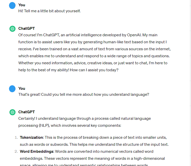 A screenshot of a ChatGPT conversation using the prompt: “Hi! Tell me a little bit about yourself.”