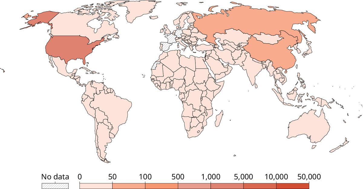 A choropleth graph showing confirmed cases of COVID-19 on a world map. The color key at the bottom ranges from 0 to 50,000 with the color getting darker red as values get higher. The US, Russia, and China show the highest cases.