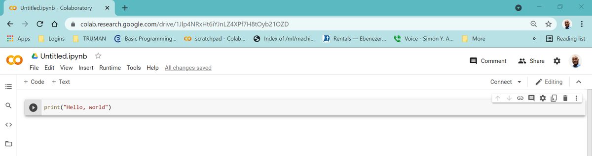 Colab screenshot: the code cell now contains print("Hello, world"), ready to run with the play button.
