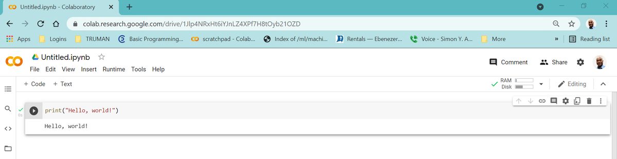 Colab screenshot: after running the cell, the output line Hello, world! appears directly beneath print("Hello, world!").