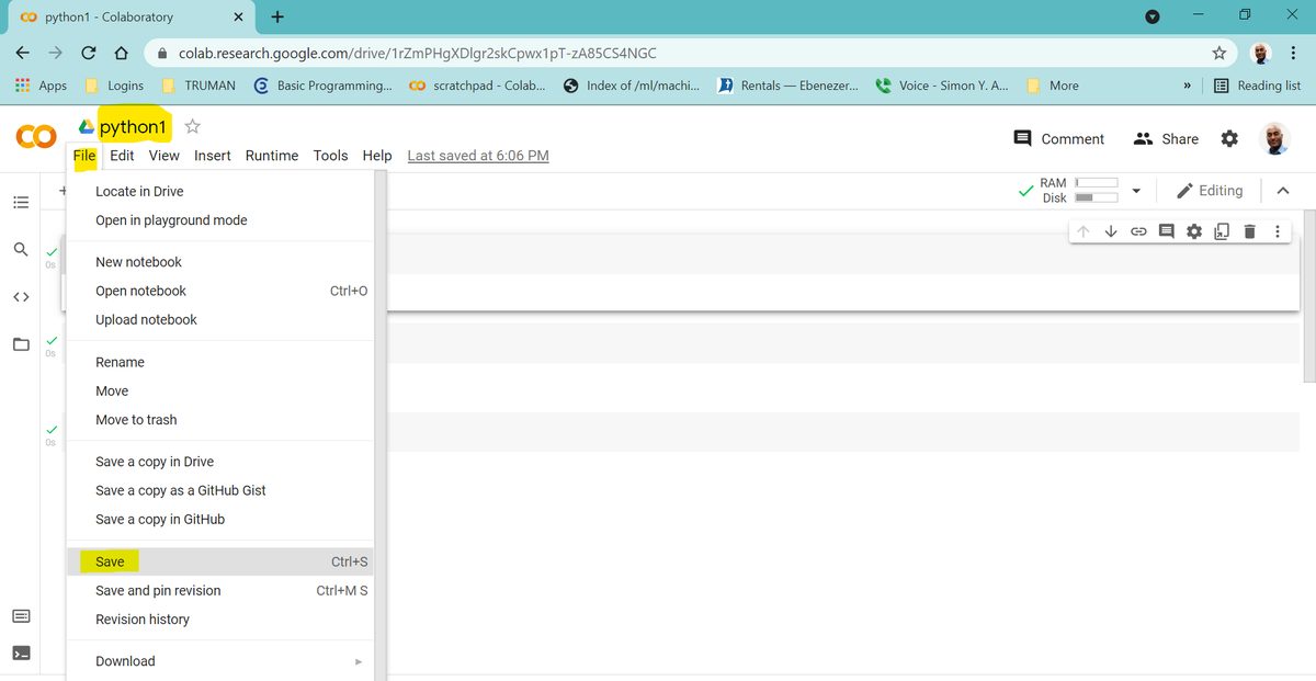 Colab screenshot: the notebook renamed python1 (highlighted next to the Drive icon) with the File menu open and Save (Ctrl+S) highlighted.