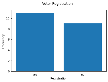 Bar graph titled Voter Registration with the same yes = 11 and no = 9 bars, now with axis labels Registration and Frequency.
