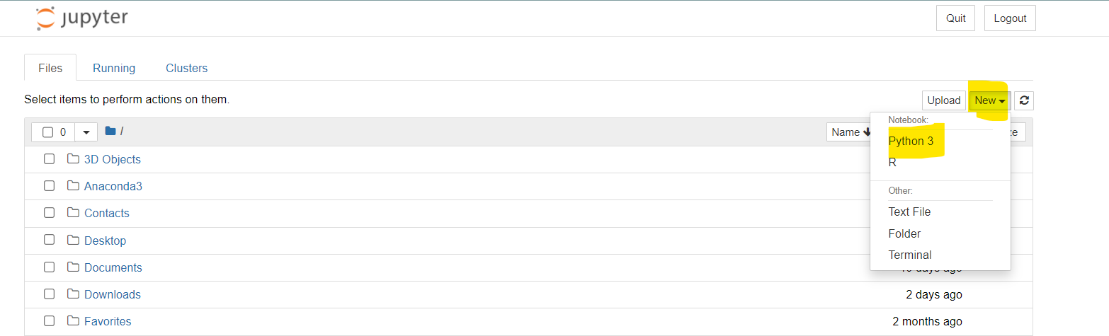 Jupyter Notebook home page screenshot: the Files tab with the New menu open and Python 3 highlighted under Notebook.