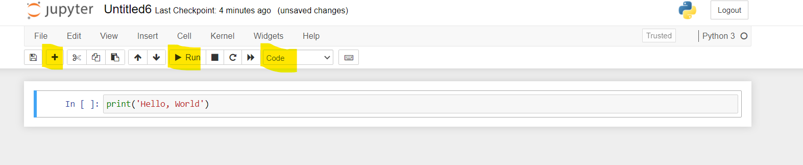 Jupyter Notebook screenshot: a code cell containing print('Hello, World') with the add-cell (+), Run button and Code cell-type selector highlighted in the toolbar.