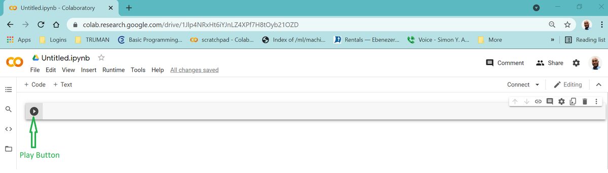 Colab screenshot: a new Untitled.ipynb notebook with one empty code cell; a green arrow points out the round play button at the left edge of the cell.