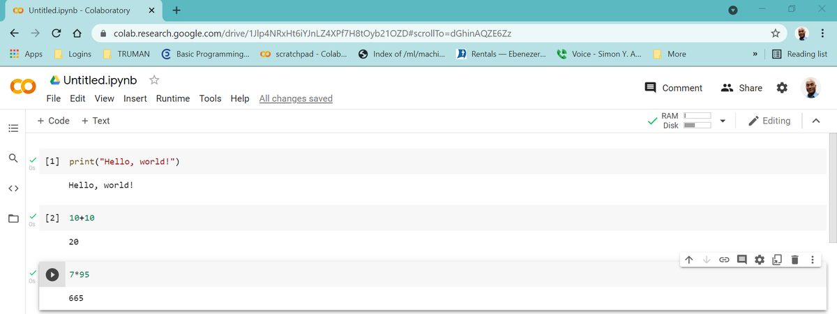 Colab screenshot: three completed cells — print("Hello, world!") with its output, 10+10 with output 20, and 7*95 with output 665.