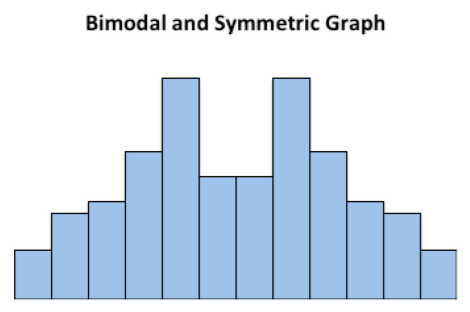 A symmetric, bimodal histogram of twelve bars with no numeric axes, whose heights rise from the shortest bar at each end to two equal tallest bars in the fifth and eighth positions, with a shallow dip between them.