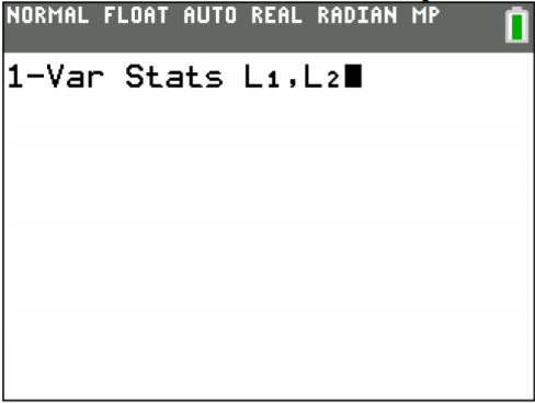 TI-84 calculator screen showing the command entry line "1-Var Stats L1,L2" with the cursor at the end.