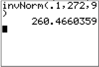 A TI-84 calculator screen shows the command invNorm(.1,272,9) and the resulting value 260.4660359.