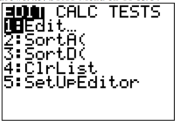 TI-84 calculator STAT menu with the EDIT tab selected, showing options Edit, SortA(, SortD(, ClrList, and SetUpEditor.