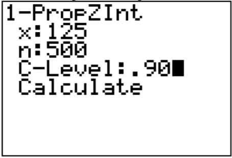 TI-83/84 1-PropZInt input screen showing x = 125, n = 500, C-Level = .90, and Calculate.