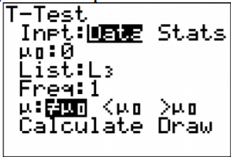 TI-83/84 calculator T-Test setup screen showing input options for a paired-sample test, with List L3, frequency 1, and the alternative mean difference not equal to 0.
