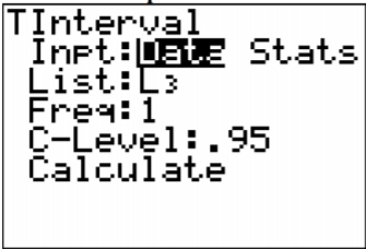 TI-84 calculator TInterval setup screen showing Data input, List L3, frequency 1, confidence level .95, and Calculate.