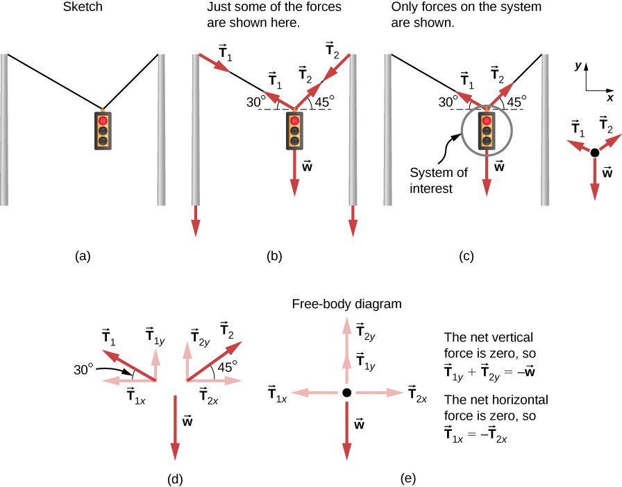 A sketch of a traffic light suspended from two wires supported by two poles is shown. (b) Some forces are shown in this system. Tension T sub one pulling the top of the left-hand pole is shown by the vector arrow along the left wire from the top of the pole, and an equal but opposite tension T sub one is shown by the arrow pointing up along the left-hand wire where it is attached to the light; the left-hand wire makes a thirty-degree angle with the horizontal. Tension T sub two is shown by a vector arrow pointing downward from the top of the right-hand pole along the right-hand wire, and an equal but opposite tension T sub two is shown by the arrow pointing up along the right-hand wire, which makes a forty-five degree angle with the horizontal. The traffic light is suspended at the lower end of the wires, and its weight W is shown by a vector arrow acting downward. (c) The traffic light is the system of interest, indicated by circling the traffic light. Tension T sub one starting from the traffic light is shown by an arrow along the wire making an angle of thirty degrees with the horizontal. Tension T sub two starting from the traffic light is shown by an arrow along the wire making an angle of forty-five degrees with the horizontal. The weight W is shown by a vector arrow pointing downward from the traffic light. A free-body diagram is shown with three forces acting on a point. Weight W acts downward; T sub one and T sub two act at an angle with the vertical. A coordinate system is shown, with positive x to the right and positive y upward. (d) Forces are shown with their components. T sub one is decomposed into T sub one y pointing vertically upward and T sub one x pointing along the negative x direction. The angle between T sub one and T sub one x is thirty degrees. T sub two is decomposed into T sub two y pointing vertically upward and T sub two x pointing along the positive x direction. The angle between T sub two and T sub two x is forty five degrees.  Weight W is shown by a vector arrow acting downward. (e) The net vertical force is zero, so the vector equation is T sub one y plus T sub two y equals W. T sub one y and T sub two y are shown on a free body diagram as equal length arrows pointing up. W is shown as a downward pointing arrow whose length is twice as long as each of the T sub one y and  T sub two y arrows. The net horizontal force is zero, so vector T sub one x is equal to minus vector T sub two x. T sub two x is shown by an arrow pointing toward the right, and T sub one x is shown by an arrow pointing toward the left.