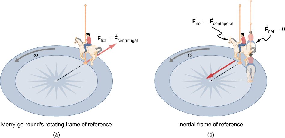 In figure a, looking down on a merry-go-round, we see a child sitting on a horse moving in counterclockwise direction with angular velocity omega. The force F sub fict is equal to the centrifugal force at the point of contact between the pole carrying horse and the merry-go-round surface. The force is radially outward from the center of the merry-go-round. This is the merry-go-round’s rotating frame of reference. In figure b, we see the situation in the inertial frame of reference. seen rotating with angular velocity omega in the counterclockwise direction. The child on the horse is shown at the same position as in figure a. The net force is equal to the centripetal force, and points radially toward the center. In shadow, we are also shown the child as at an earlier position and at the position he would have if the net force on him were zero, which is straight forward and so at a larger radius than his actual position.