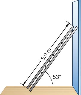 Figure is a schematic drawing of a 5.0-m-long ladder resting against a wall. Ladder forms a 53 degree angle with the floor.