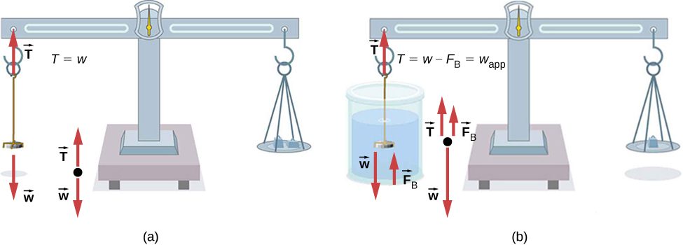 Figure A is a drawing of a coin in the air weighed on a manual scale. A large balance is used to counterbalance the coin. Figure B is a drawing of the same coin in water weighed on the manual scale. A smaller balance is used to counterbalance the coin.