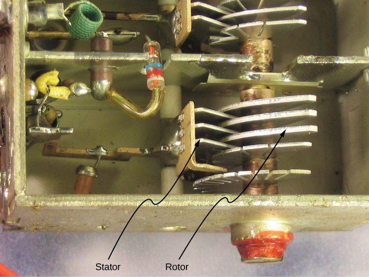 A photograph of a device with discrete components is shown. One component is the variable air capacitor. It has two parts, a stator and a rotor. The stator has parallel plates of metal and is fixed to the device. The rotor has parallel plates of metal attached to a shaft. The stator and rotor are arranged in a way that their plates are alternately stacked.