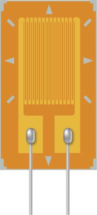 Picture is a schematic drawing of a strain gauge device that consists of the conducting pattern deposited on the insulated surface. Metal contacts are made to the two large pads at the origin of the conducting pattern.