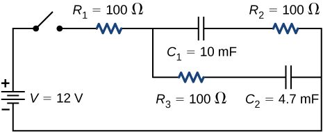 The positive terminal of voltage source V of 12 V is connected to an open switch. The other end of the open switch is connected to resistor R subscript 1 of 100 Ω which is connected to two parallel branches. The first branch has capacitor C subscript 1 of 10 mF and R subscript 2 of 100 Ω. The second branch has R subscript 3 of 100 Ω and C subscript 2 of 4.7 mF.