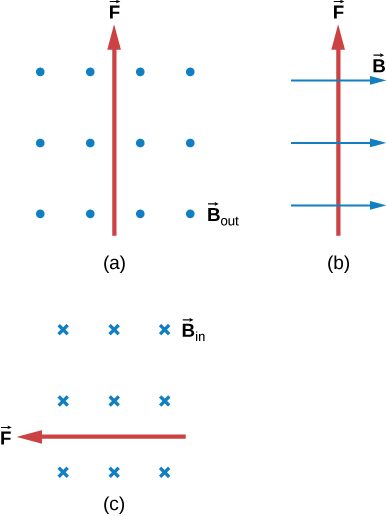Case a: B is out of the page, F is up. Case b: B is to the right, F is up. Case c: B is into the page, F is to the right.