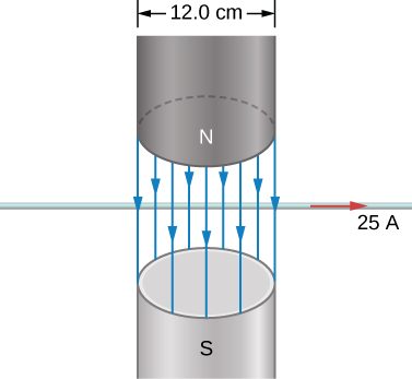 The field in the vertical gap of an electromagnet points down. The gap is 12.0 cm wide. A horizontal wire passes through the gap and carries a current of 25 A, flowing to the right.
