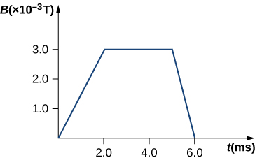 A graph of the magnetic field, B, in units of 10^(–3) Tesla versus time t in milliseconds. A line starts at (0, 0) and rises linearly until (2.0 m s, 3 × 10^(–3) T). From 2.0 m s to 5.0 m s, the line remains at a constant magnetic field value of 3 × 10^(–3) T. From 5 m s to 6 m s, the line decreases from 3 × 10^(–3) T to zero Tesla. The line ends at that point.