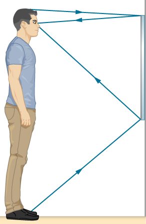The figure is a drawing of a man standing in front of a mirror and looking at his image. The mirror is about half as tall as the man, with the top of the mirror above his eyes but below the top of his head. The light rays from his feet reach the bottom of the mirror and reflect to his eyes. The rays from the top of his head reach the top of the mirror and reflect to his eyes.