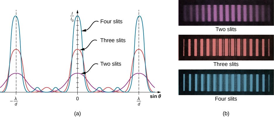 Picture A shows a graph for the interference fringe patterns for two, three and four slits. As the number of slits increases, more secondary maxima appear, but the principal maxima become narrower. Picture B shows photographs of fringe patterns for two, three and four slits. As the number of slits increases, more secondary maxima appear, but the principal maxima become brighter.