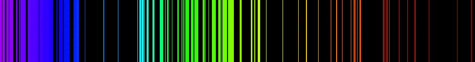 Figures shows the emission spectrum of iron. Numerous overlapping emission lines are present in the visible part of the spectrum.