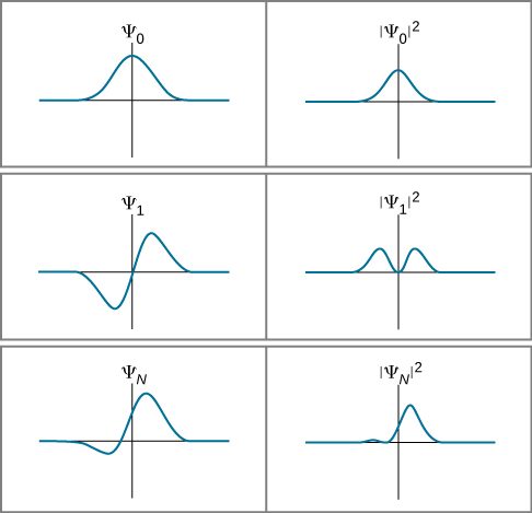 Three wave functions and the square of the amplitude of the wave functions. The first wave function, psi sub zero, and its square are symmetric, positive, peaked at x = 0, and zero far from the origin. The second wave function, psi sub 1, is antisymmetric: the function is negative at negative x, positive at positive x, and zero at the origin as well as plus and minus infinity. There is a negative minimum at negative x and positive maximum at positive x. The minimum value is exactly opposite the maximum value. The square of the amplitude of the wave function is positive and symmetric about the origin, where the value is zero, with a maximum on either side of the origin. The third wave function, psi sub N, is not symmetric. It is zero at minus infinity, decreases to a negative minimum value at some x less than zero, crosses zero, still at x less than zero, and becomes positive. It reaches a positive maximum at some positive x, then decreases to zero at large x. The minimum value is smaller in magnitude than the maximum value. The square of the amplitude of the wave function is positive, with two local maxima. The first maximum is smaller and at negative x, and the second is larger and at positive x. The square of the function is zero at one point between the maxima.