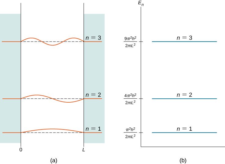 The first three quantum states of a quantum particle in a box for principal quantum numbers n=1, n=2, and n=3 are shown: Figure (a) shown the graphs of the standing wave solutions. The vertical axis is the wave function, with a separate origin for each state that is aligned with the energy scale of figure (b). The horizontal axis is x from just below 0 to just past L. Figure (b) shows the energy of each of the states on the vertical E sub n axis. All of the wave functions are zero for x less than 0 and x greater than L. The n=1 function is the first half wave of the wavelength 2 L sine function and its energy is pi squared times h squared divided by the quantity 2 m L squared. The n=2 function is the first full wave of the wavelength 2 L sine function and its energy is 4 pi squared times h squared divided by the quantity 2 m L squared. The n=3 function is the first one and a half waves of the wavelength 2 L sine function and its energy is 9 pi squared times h squared divided by the quantity 2 m L squared.