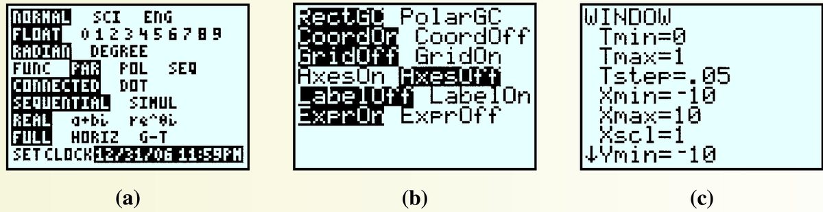 GC screens of setup for drawing parametric curves